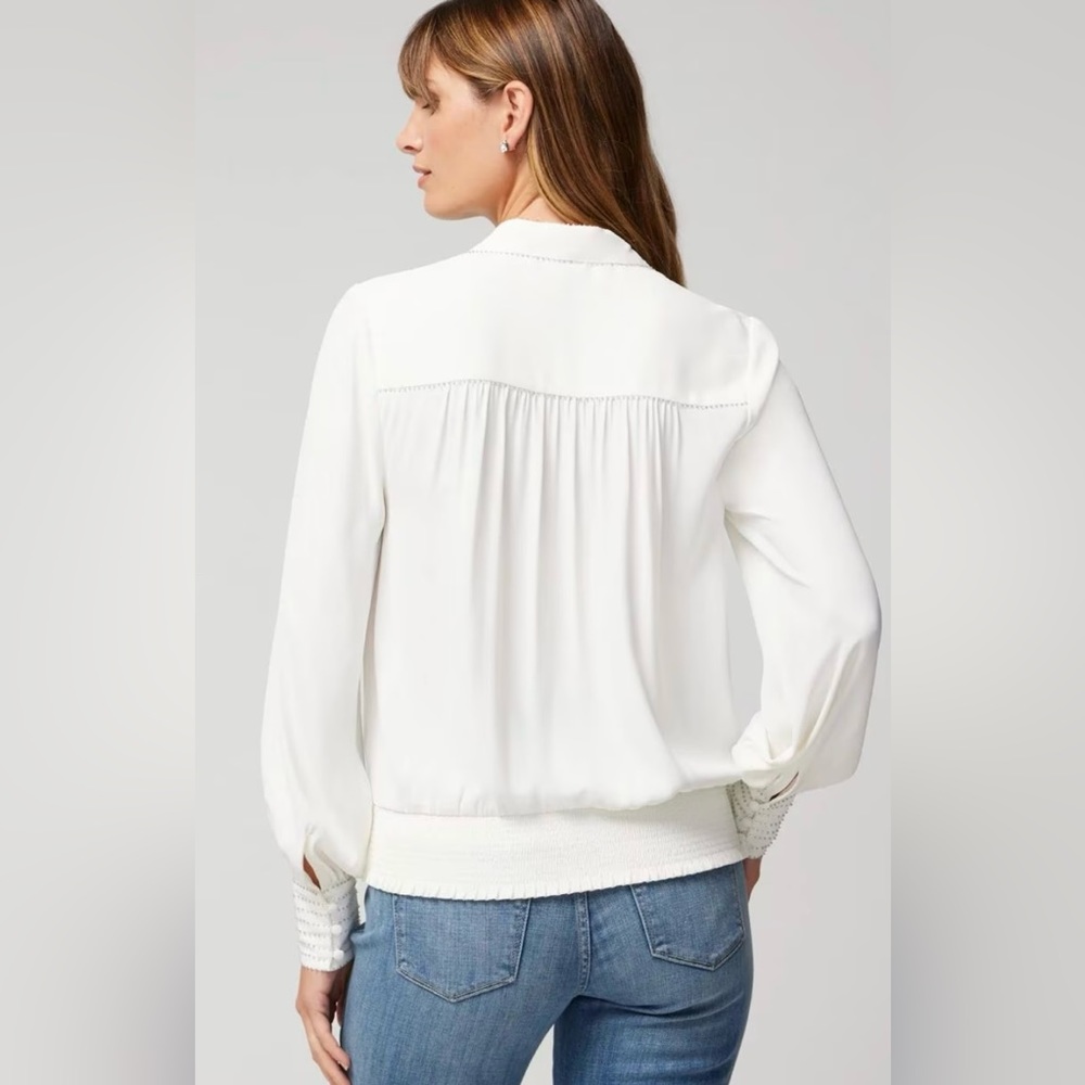 White House Black Market tie neck embellished trim blouse in ecru size medium 🆕 - Picture 3 of 14